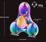 Iridescent fidget spinner measuring 65mm with a weight of 66g, designed for stress relief and focus enhancement, featuring a smooth, colorful surface.
