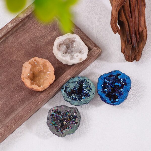 Colorful geode crystals with vibrant hues and sparkling interiors, perfect for educational displays or stylish home decor. These geodes showcase natural mineral formations and unique textures.