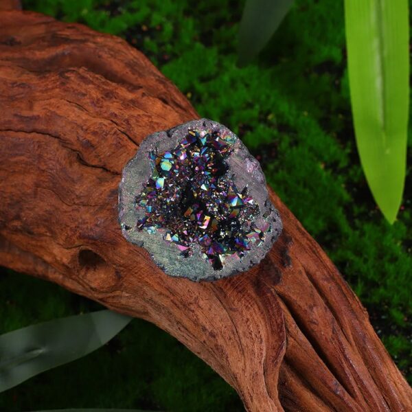 A close-up of a sparkling geode with iridescent crystals resting on a textured wooden log, surrounded by lush green foliage.