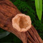 Close-up of a small, sparkling geode mineral with a hollow, crystalline interior resting on a wooden surface.