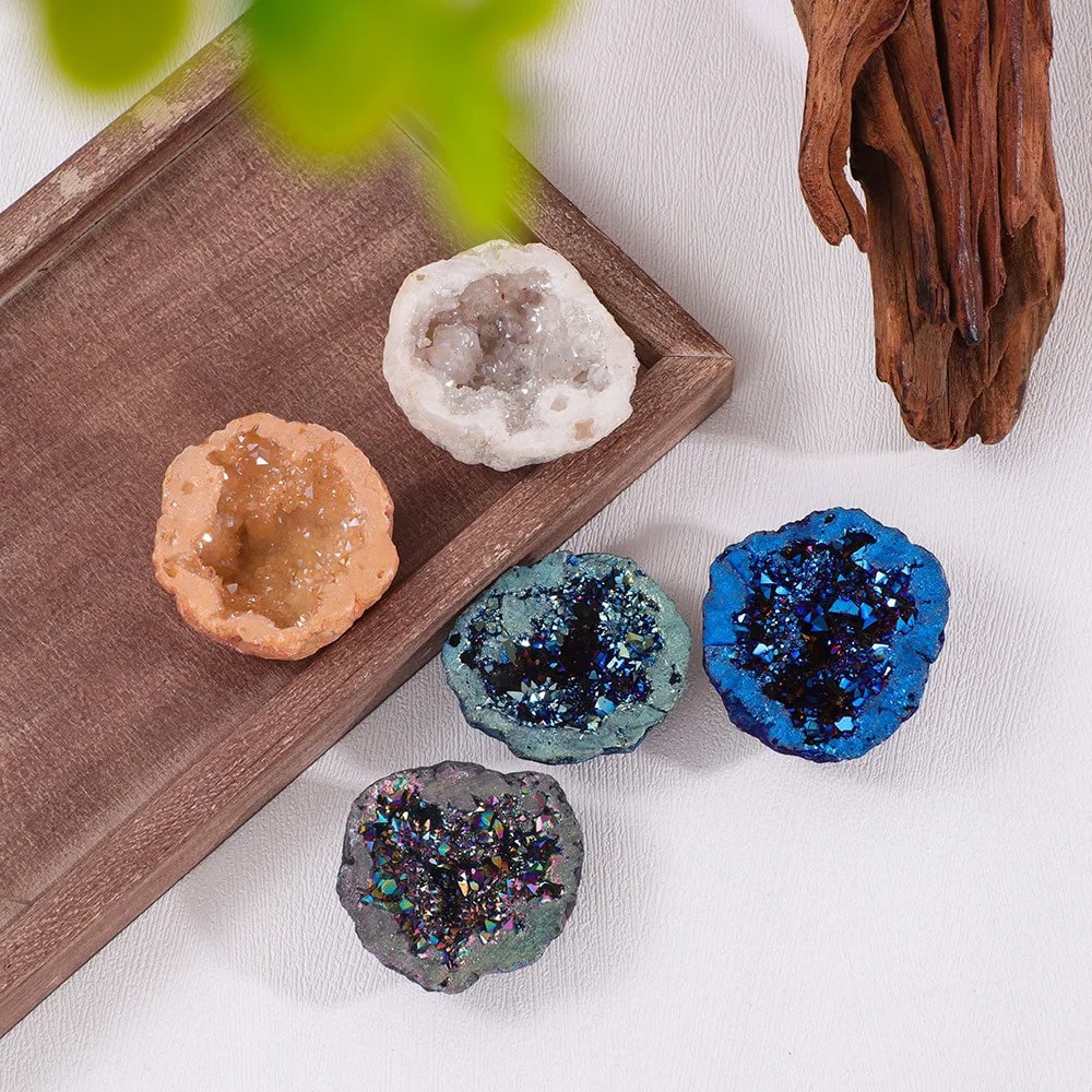 Sparkling Geode Collection for Decor and Education Colorful geode crystals with vibrant hues and sparkling interiors, perfect for educational displays or stylish home decor. These geodes showcase natural mineral formations and unique textures.