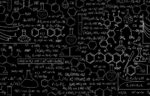 A detailed chalkboard background featuring various scientific formulas, chemical structures, and laboratory equipment illustrations.