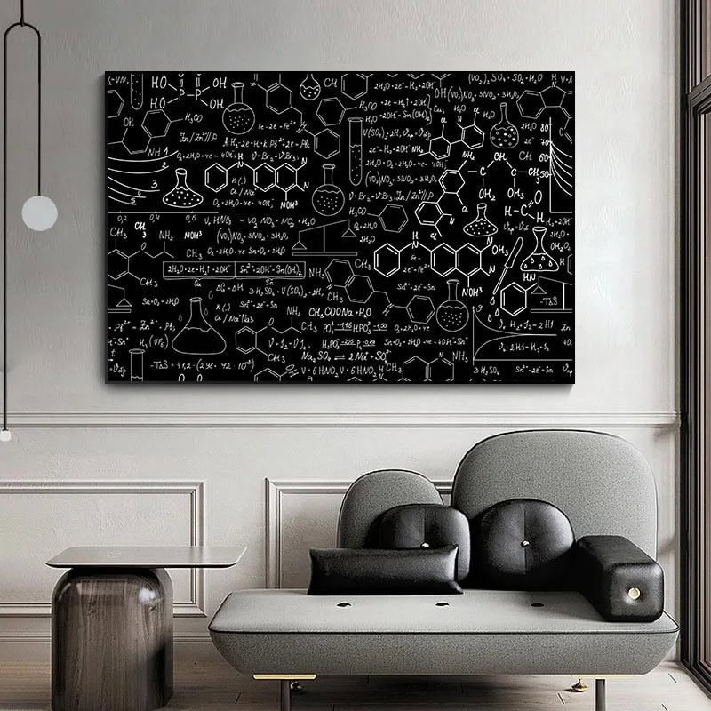 Chalkboard with scientific formulas and chemical structures for educational decor or science-themed classroom decoration.