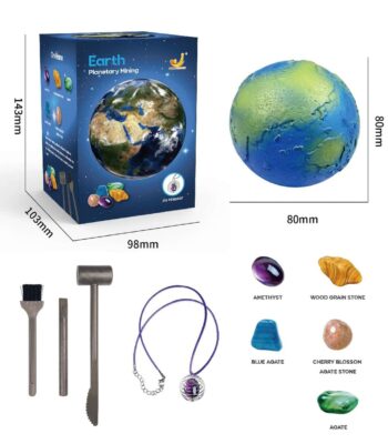 Earth Planetary Mining Kit for educational and science decor purposes. Includes a detailed Earth model, mining tools, and gemstone samples for hands-on learning.