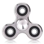 Silver metal fidget spinner with black bearings, designed for stress relief and focus enhancement. Compact and lightweight, perfect for educational and sensory activities.