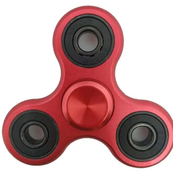 Fidget spinner toy with a red body and three black bearings, designed for stress relief and focus enhancement. Compact, portable, and popular among students and adults for relaxation and concentration.