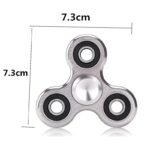Silver fidget spinner with three black-ringed ball bearings, measuring 7.3cm each side, designed for stress relief and focus enhancement.