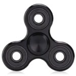 Black fidget spinner toy with three arms, designed for stress relief and focus enhancement, made of durable plastic.