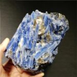 Close-up of a blue kyanite mineral specimen showcasing its crystal structure, ideal for science decor and educational purposes.
