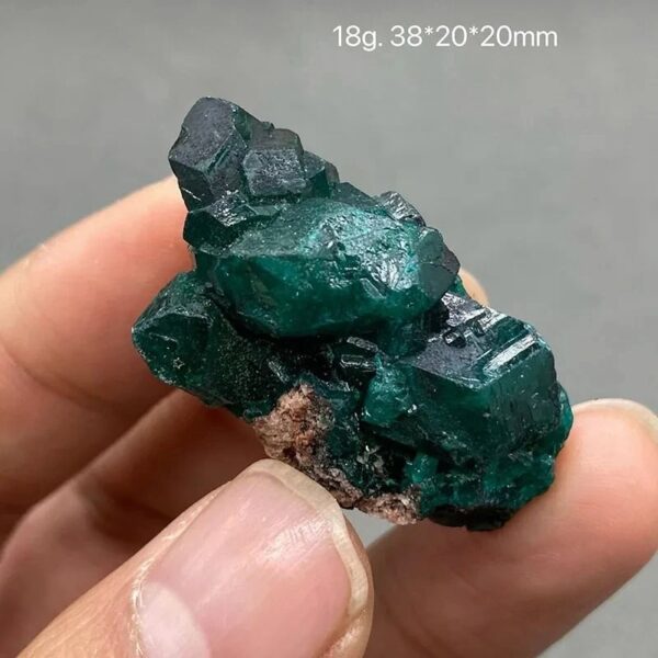 Green mineral crystal with well-defined geometric shapes, held between fingers for scale.