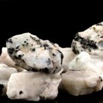An image showcasing a close-up of a mineral rock with black and white speckled patterns, highlighting its textured surface and natural formation.