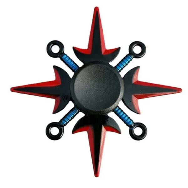 A magnetic compass-inspired fidget spinner with a black central disc and red and blue star-shaped arms, designed for stress relief and focus.