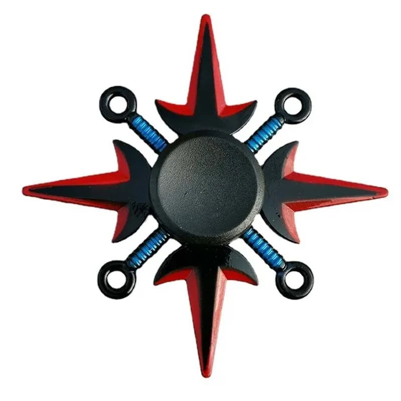 Magnetic Compass Fidget Spinner A magnetic compass-inspired fidget spinner with a black central disc and red and blue star-shaped arms, designed for stress relief and focus.