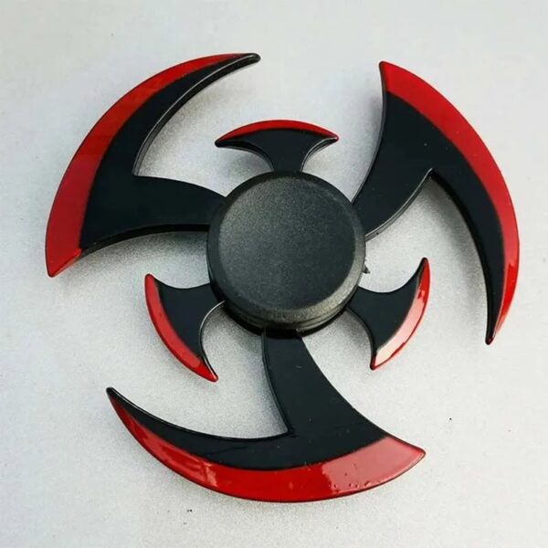 A black and red biohazard-themed fidget spinner with sharp, curved blades for stress relief and focus.