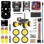 Advanced robotics and electronics educational kit for building a remote-controlled car. Includes motors, sensors, microcontroller, wheels, wires, and tools for STEM learning and DIY projects.