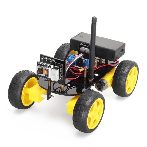Small robotic car with sensors, wireless control, and yellow wheels, ideal for educational STEM projects and robotics learning.