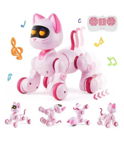 Pink robotic cat toy with remote control, designed for kids, featuring movable limbs, a tail, and musical sound effects for interactive play and educational fun.