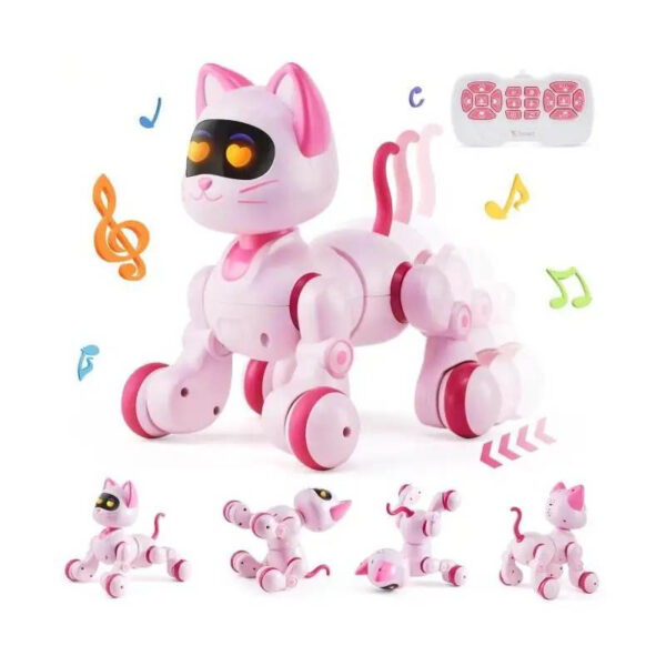Pink robotic cat toy with remote control, designed for kids, featuring movable limbs, a tail, and musical sound effects for interactive play and educational fun.