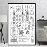 Blueprint of a space rocket with detailed technical drawings and measurements.