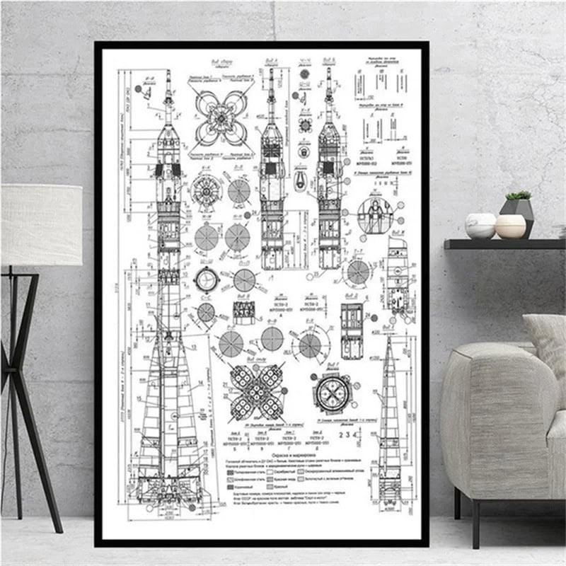 Space Rocket Blueprint - Educational Science Poster Blueprint of a space rocket with detailed technical drawings and measurements.