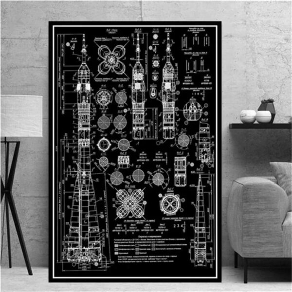 Blueprint of a rocket ship with detailed technical drawings and schematics, ideal for science enthusiasts and educational settings.