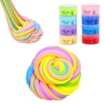 Brightly colored slime in various shades including pink, yellow, blue, purple, and green, displayed in a coiled and stacked arrangement.
