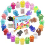 Brightly colored slime containers with cute character charms and glitter, perfect for kids' sensory play and DIY crafts.