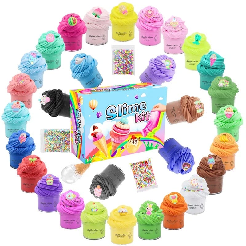 Colorful slime kit with various vibrant shades and accessories for creative fun. Brightly colored slime containers with cute character charms and glitter, perfect for kids' sensory play and DIY crafts.