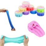 Brightly colored slime containers with playful designs, and hands stretching and squeezing slime for sensory fun.