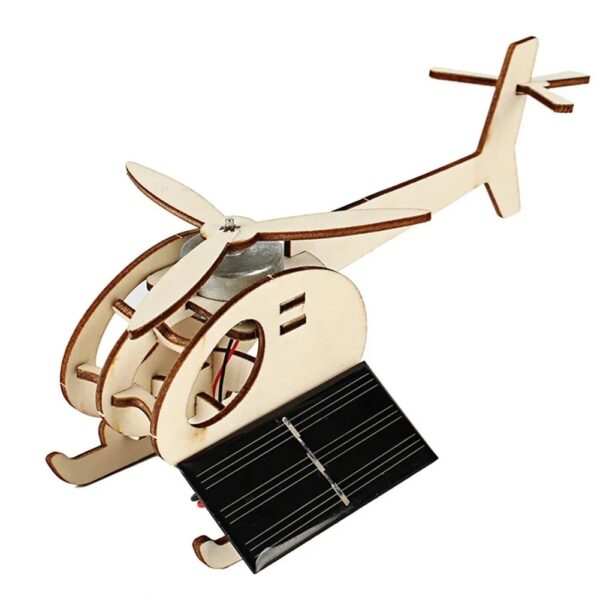 Wooden helicopter solar-powered model kit for educational STEM projects and science decor, featuring a solar panel to demonstrate renewable energy principles.