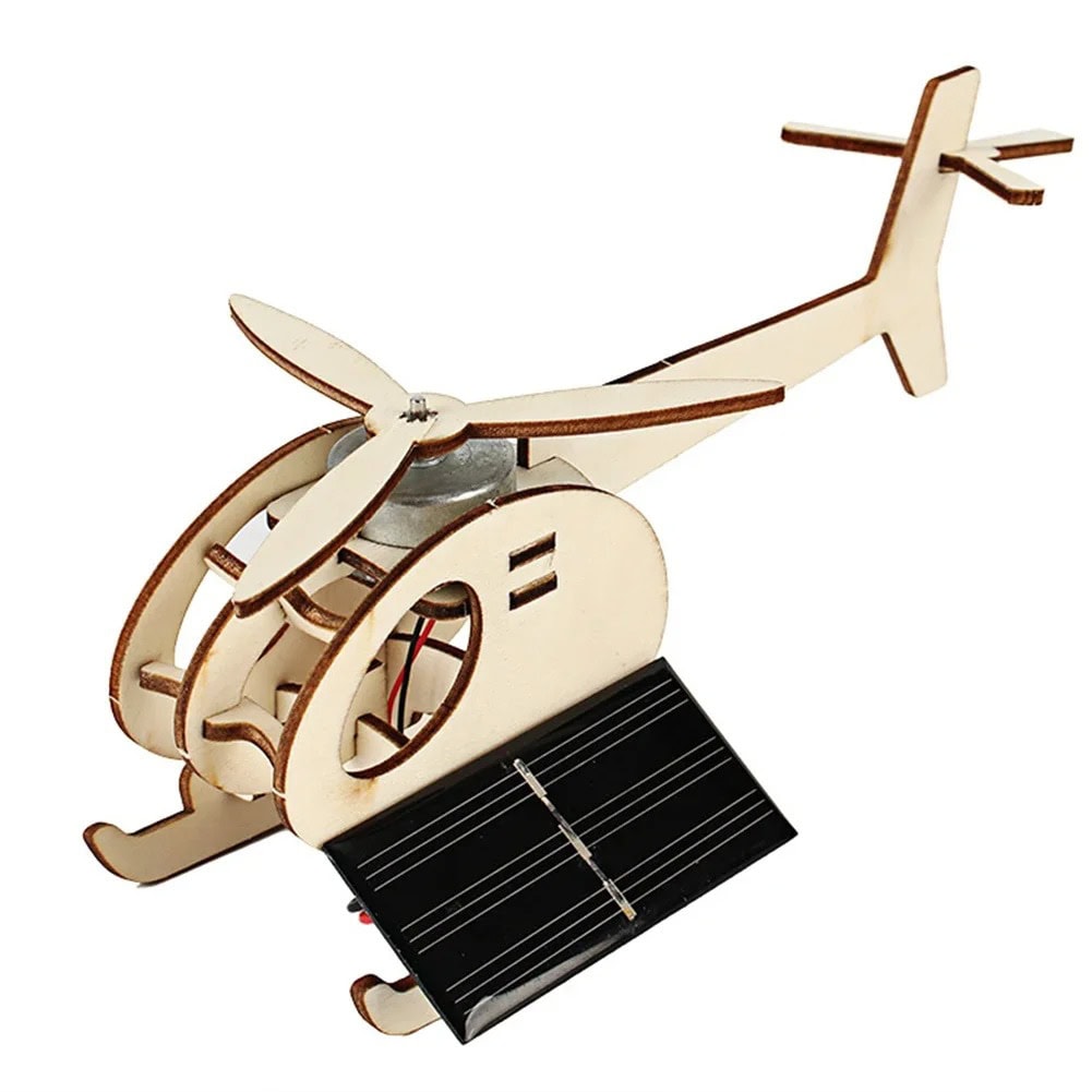 Helicopter Solar Model Kit Wooden helicopter solar-powered model kit for educational STEM projects and science decor, featuring a solar panel to demonstrate renewable energy principles.