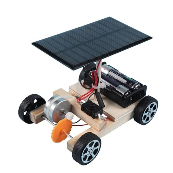 Solar-powered robot car with solar panel, motor, wheels, and electronic components for STEM learning.