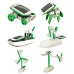 Miniature science-themed robot and wind turbine models in green and white.