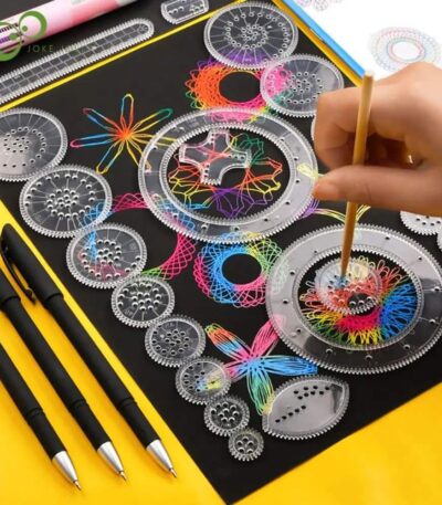 Brightly colored spirograph gears and pens for artistic design and learning activities.