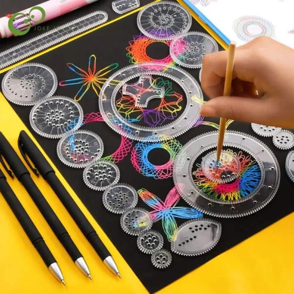 Brightly colored spirograph gears and pens for artistic design and learning activities.