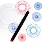 Colorful spirograph patterns created with a black pen on white background, showcasing intricate geometric designs in red, blue, and teal.