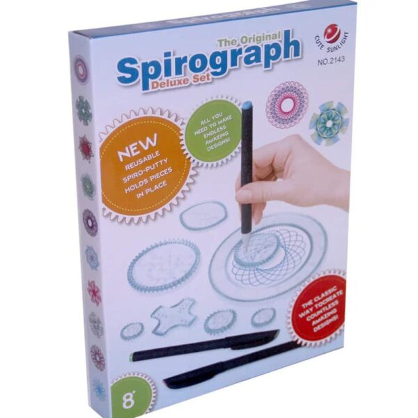 Spirograph drawing kit with multiple gears and pens for creative geometric designs, perfect for educational and artistic projects.