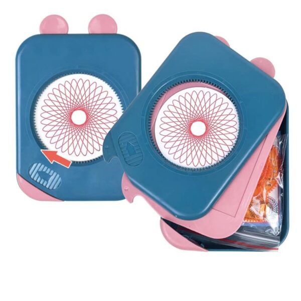 Portable magnetic spirograph drawing kit with blue and pink components, featuring a circular gear for creating intricate geometric patterns, ideal for educational and artistic activities.
