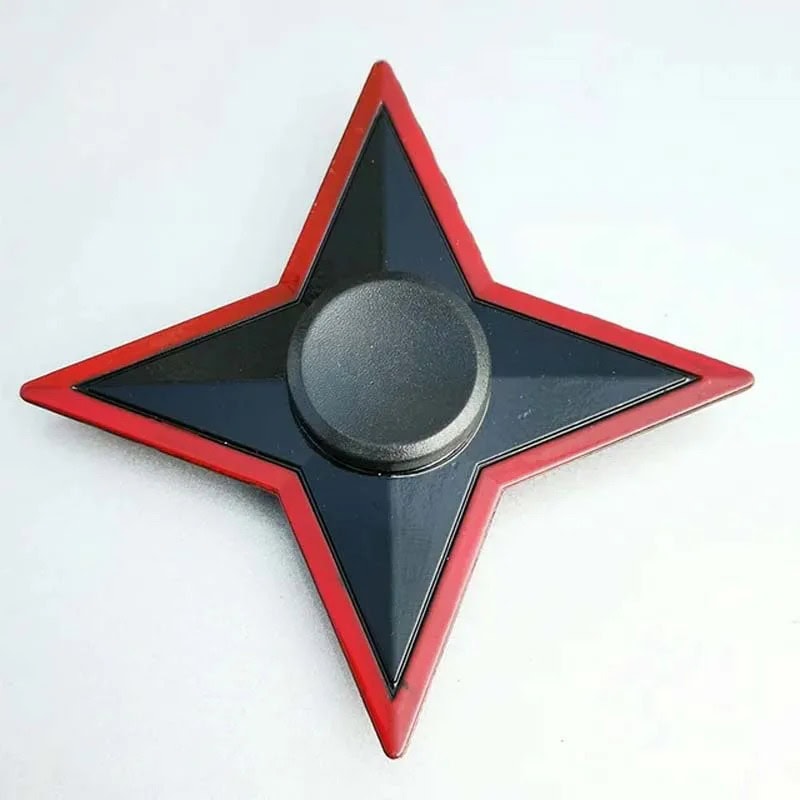 Fidget spinner with a star shape, black and red colors, designed for stress relief, focus, and sensory play. Compact and portable, ideal for children and adults.