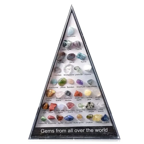 Collection of various colorful gemstones including aquamarine, amethyst, ruby, sapphire, and more, arranged in a pyramid-shaped display case.