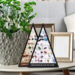 Decorative display of various colorful gemstones arranged in a pyramid shape on a white surface, with potted plant and picture frames in the background.