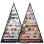 Display case showcasing a variety of colorful gemstones and minerals from around the world, including quartz, amethyst, and jade, arranged in a pyramid shape.