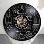 Physics wall clock with scientific symbols, gears, and educational design.