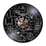 Decorative physics-themed wall clock featuring scientific symbols, gears, and illustrations, ideal for science lovers and educational spaces.