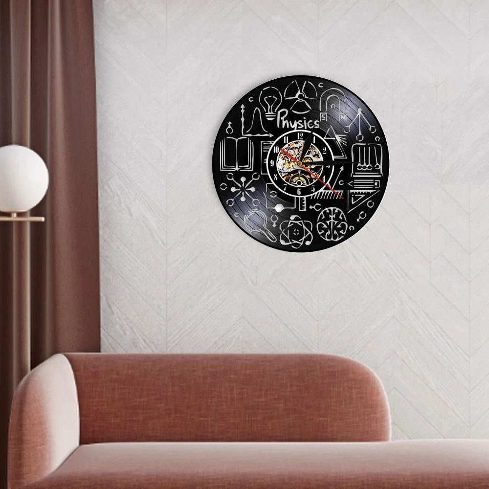 Science Gadgets Wall Clock with Physics Design Physics-themed wall clock featuring scientific symbols and illustrations on a black background.
