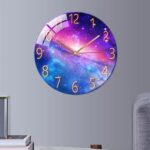 Modern galaxy-themed wall clock featuring a vibrant cosmic background with gold numerals and clock hands, perfect for science and space enthusiasts.