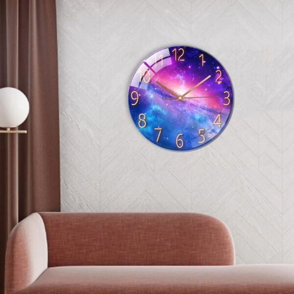 Aesthetic galaxy-themed wall clock with vibrant cosmic colors and sleek design, perfect for space enthusiasts and modern interior decor.