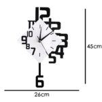 Contemporary wall clock featuring a unique geometric design with large black numbers and a white clock face, measuring 26cm by 45cm, ideal for modern home decor.