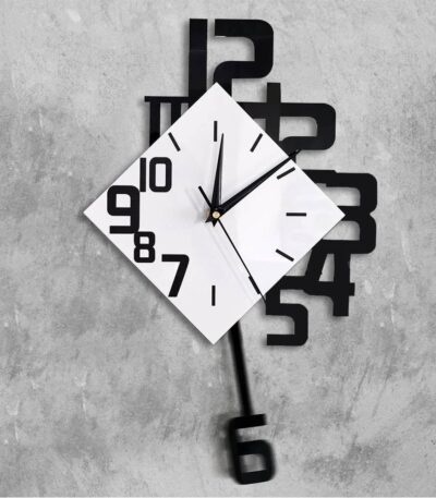 Contemporary wall clock featuring a white square face with black numerals and a black pendulum, mounted on a textured gray wall.