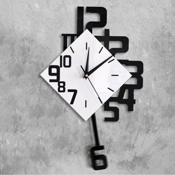Contemporary wall clock featuring a white square face with black numerals and a black pendulum, mounted on a textured gray wall.